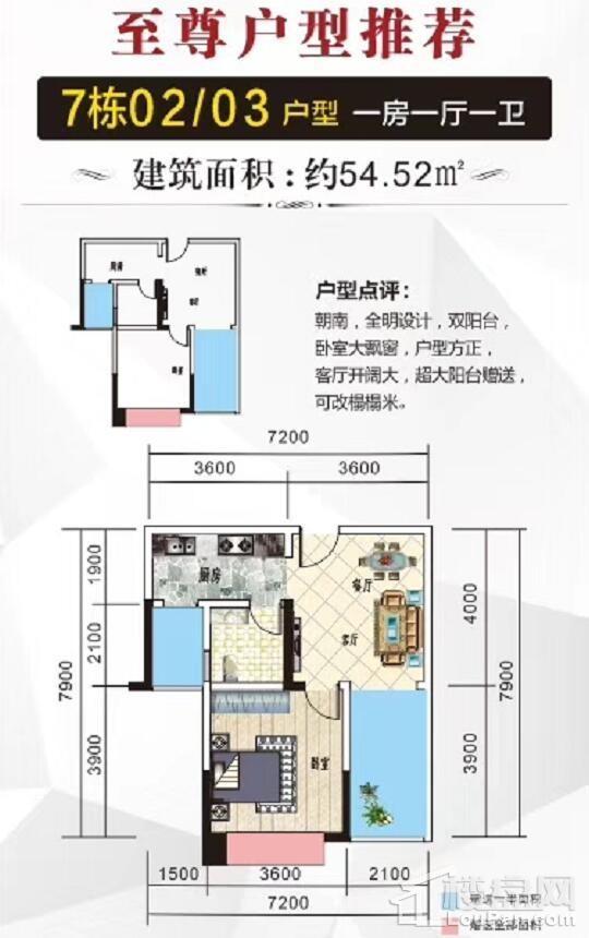 7#02、03户型 一房一厅一卫 54.52㎡