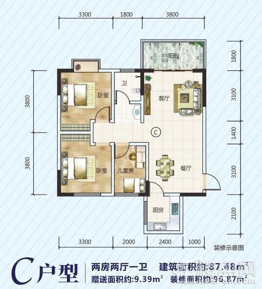 C户型 两房87.48平 赠送9.39平