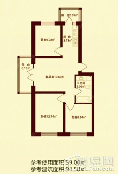 D22-2户型，建筑面积约94.58平米，3#, 5#, 17#