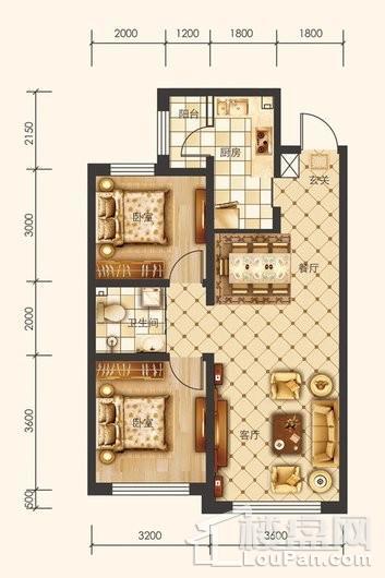 华方状元府C2户型 2室2厅1卫1厨