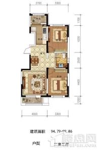 万浦小镇高层94平米户型图 2室2厅1卫1厨