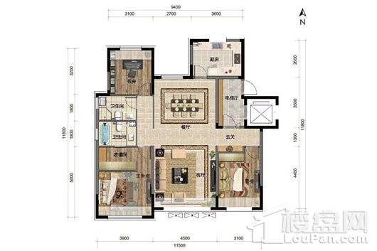 中海龙玺洋房125平米户型图 3室2厅2卫1厨