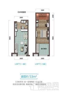 保利金香槟loft公寓53平米户型图 1室2厅1卫1厨