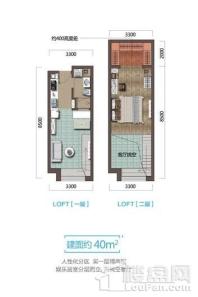 保利金香槟loft公寓40平米户型图 1室2厅1卫1厨