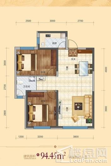 卓扬北湖湾二期94.45平米户型图 2室2厅1卫1厨