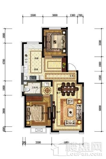 金色橄榄城三期三期D3户型图 2室2厅1卫1厨