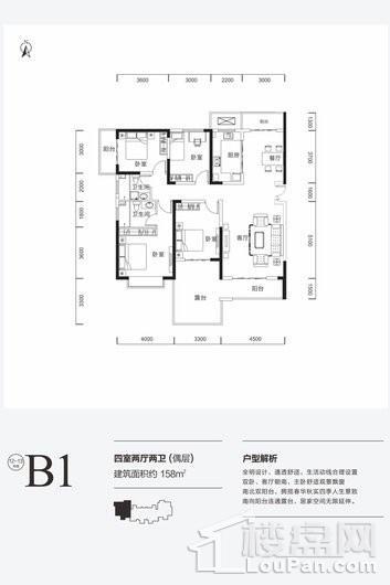 君河湾12#13#楼B1户型 4室2厅2卫1厨