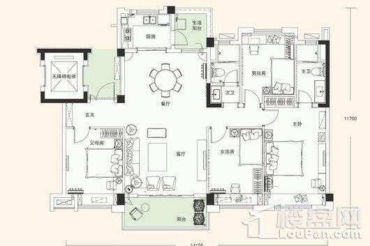 碧桂园·天誉YJ140-A户型 4室2厅2卫1厨