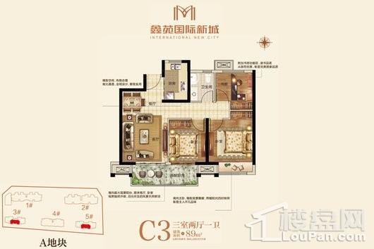 鑫苑国际新城三期C3户型 3室2厅1卫1厨