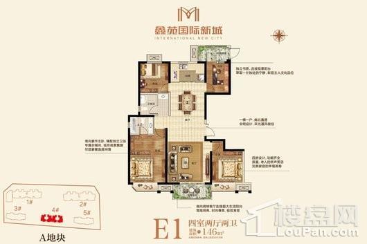 鑫苑国际新城三期E1户型 4室2厅2卫1厨