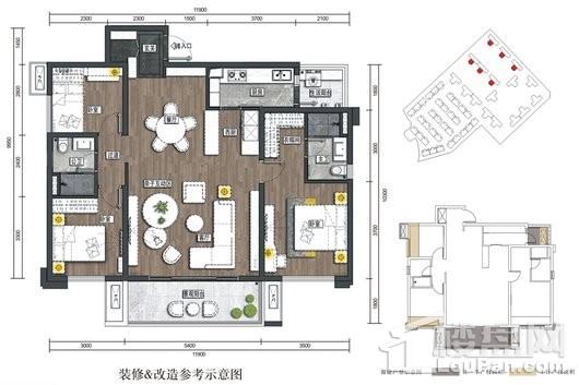 万科玖西堂高层1、2、3、7、8、12号楼阔堂户型标准层 3室2厅2卫1厨