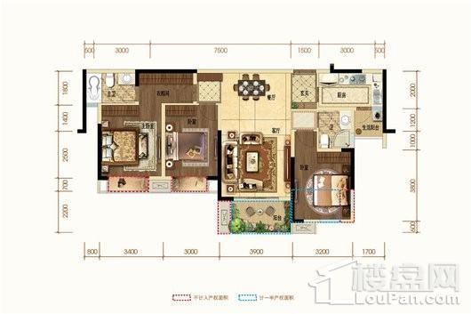 绿地新里城2-9栋标准层3号房A2户型 3室2厅2卫1厨