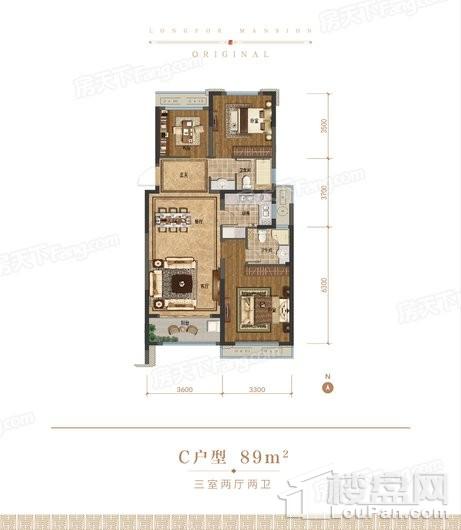 龙湖·天宸原著C户型 89㎡ 3室2厅2卫1厨