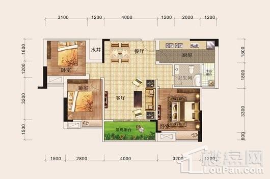 1号城邦·美誉一号城邦二期B户型 3室2厅1卫1厨