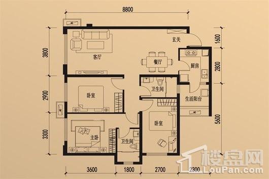 滨江彼岸C3-4户型 3室2厅2卫1厨