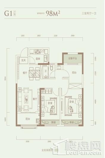 信达·公园里G1-98平米户型 3室2厅1卫1厨