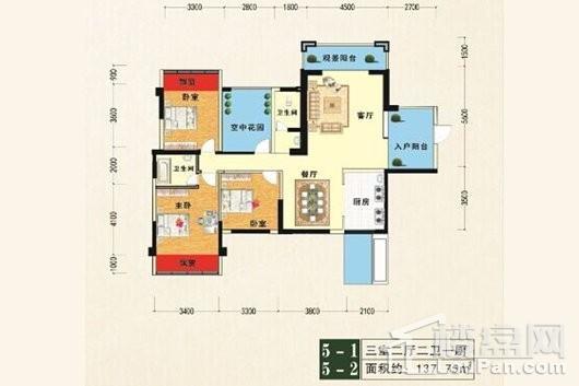 电力花园新区5#1号户型图 3室2厅2卫1厨