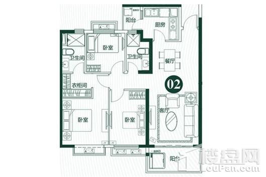 泉州恒大翡翠龙庭1#02、03户型 3室2厅2卫1厨