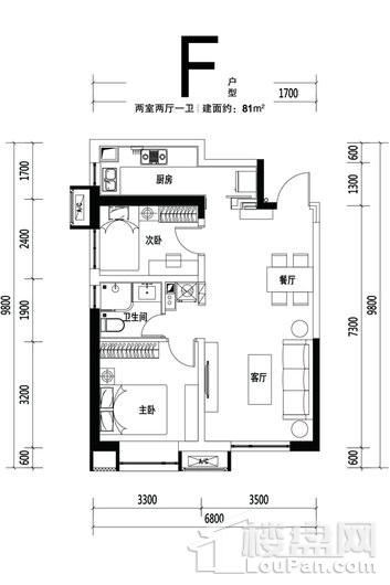 融创长风壹號F户型 2室2厅1卫1厨