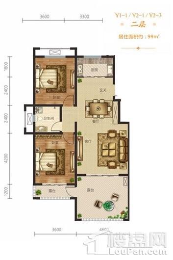 奥冠水悦龙庭洋房二层99平户型 2室2厅1卫1厨
