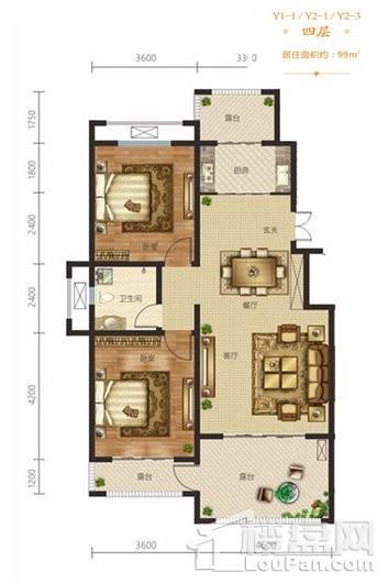 奥冠水悦龙庭洋房四层99平户型 2室2厅1卫1厨