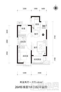 恒大御景半岛26#标准层1单元-02户型图 2室2厅1卫1厨