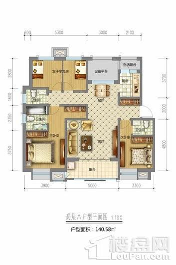 天山熙湖三期高层A户型 4室2厅3卫1厨