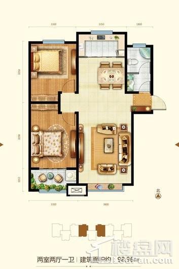帝华尚苑建面98.96平户型 2室2厅1卫1厨