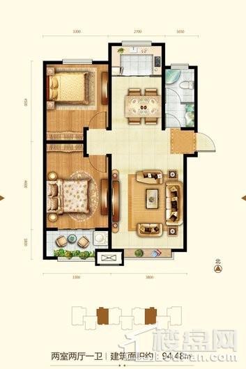 帝华尚苑建面94.48平户型 2室2厅1卫1厨
