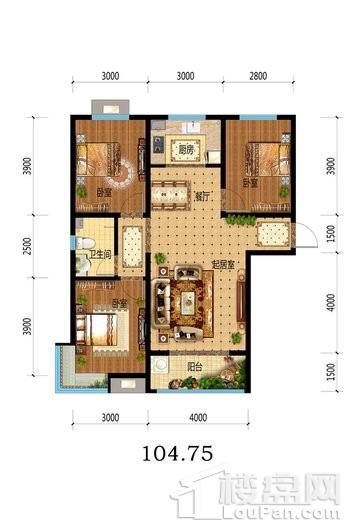 福临名邸8#10#楼头建面104.75平户型 3室2厅1卫1厨