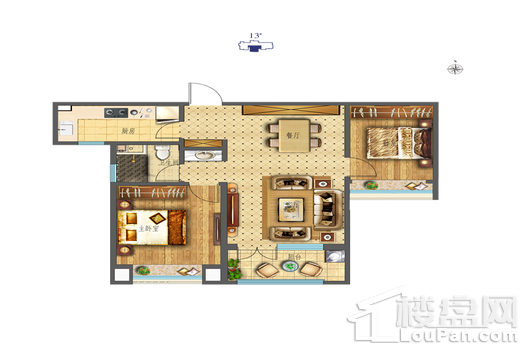 润江翡丽公馆13#B户型 2室2厅1卫1厨