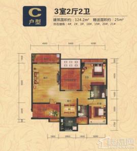 2-4#、18-21# C户型 3室2厅2卫 约124.2m²