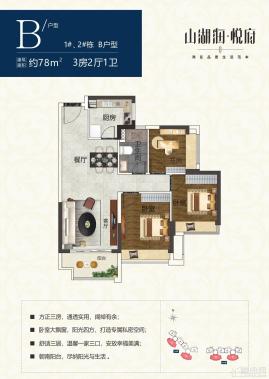 1#2#楼B户型 3房2厅1卫 78㎡