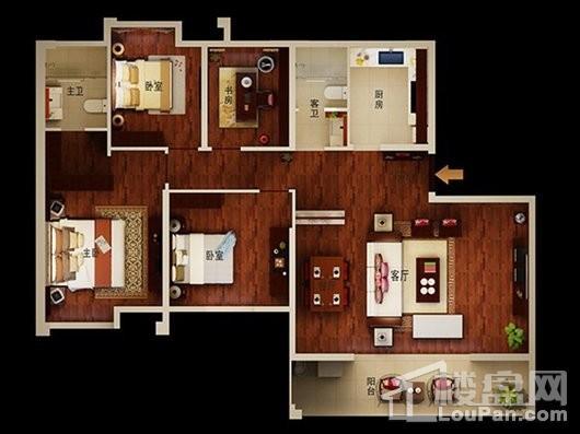 浠水金桂城商业E1彩色平面布置图 4室2厅2卫1厨