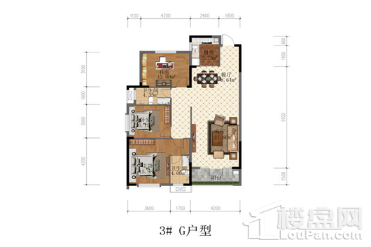 中亨世纪金源3#楼2单元2号户型 3室2厅2卫1厨