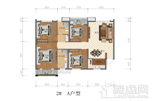 中亨世纪金源2楼1单元1.4号户型、2楼2单元1.4 4室2厅2卫1厨