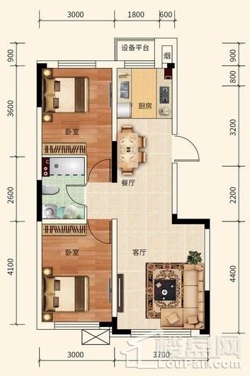 万龙银河城三期a户型图 2室2厅1卫1厨