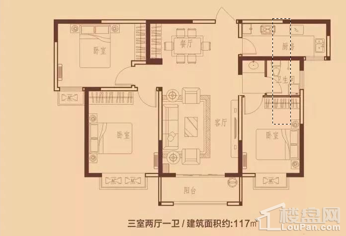 精致三房，客厅带有观景阳台，除了基本的日常采光，住户还可在空余时间内坐在观景阳台内喝茶聊天，也可观赏社区美景。且北侧外设平台，也可做观景台使用，也可当做花池使用。厨房带有通风窗，既保证了厨房的采光，也可让油烟扩散到室外，厨房紧邻餐厅，可让刚出锅的饭菜及时端上餐桌，既保证了饭菜的新鲜也为住户的行动提供了便捷。主卧位居南面且带有独立卫生间和大飘窗，拥有独立的卫生间，可保证主人的隐私问题。