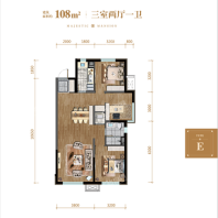 108平3室2厅1卫户型图