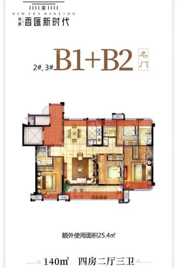 中庚·香匯新时代2#3#B1+B2户型 4室2厅2卫1厨