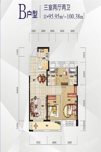 金拓·银湖时代96平B户型 3室2厅2卫1厨