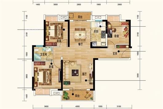 加州橘郡住宅G2、G6、G7号楼C户型 3室2厅1卫1厨