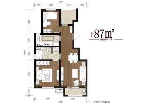 峰山水库周边地块起步区项目87平A户型 2室2厅1卫1厨