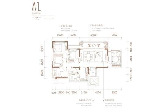中国铁建西派时代A1户型 4室2厅2卫 4室2厅2卫  建面约136平米