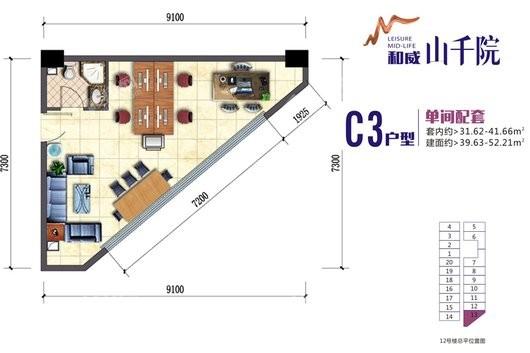 和威山千院项目户型图C3 1室1卫1厨