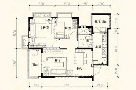 恒大绿岛新城8号楼E户型 2室2厅1卫1厨