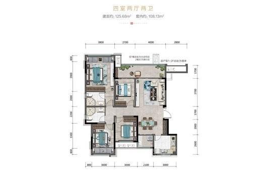 金科天壹府逸境洋房Y1户型建面约125.68 4室2厅2卫1厨