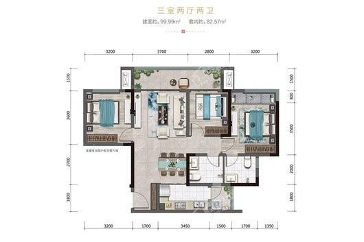 金科天壹府阔景平层X1户型建面约99.99平 3室2厅2卫1厨