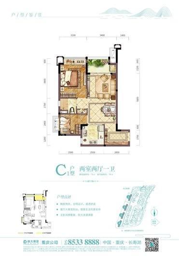 恒大湖山半岛公寓C1户型 2室2厅1卫1厨