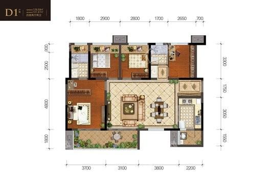 金科·集美江山D1户型建面约128.59平 5室2厅2卫1厨